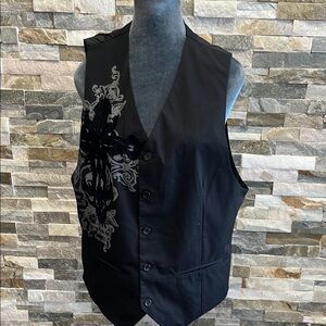 Carbon Black Black Button-Up Vest with Embroidered Design